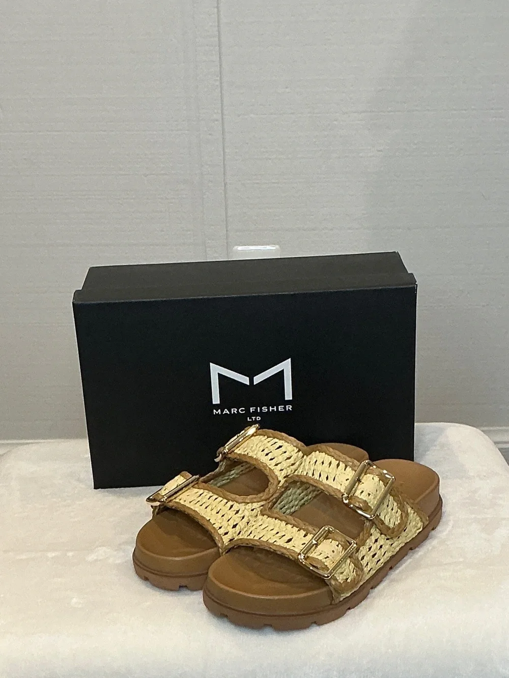 Marc Fisher Mylan Woven Buckle Slide Sandals Medium Natural Tan